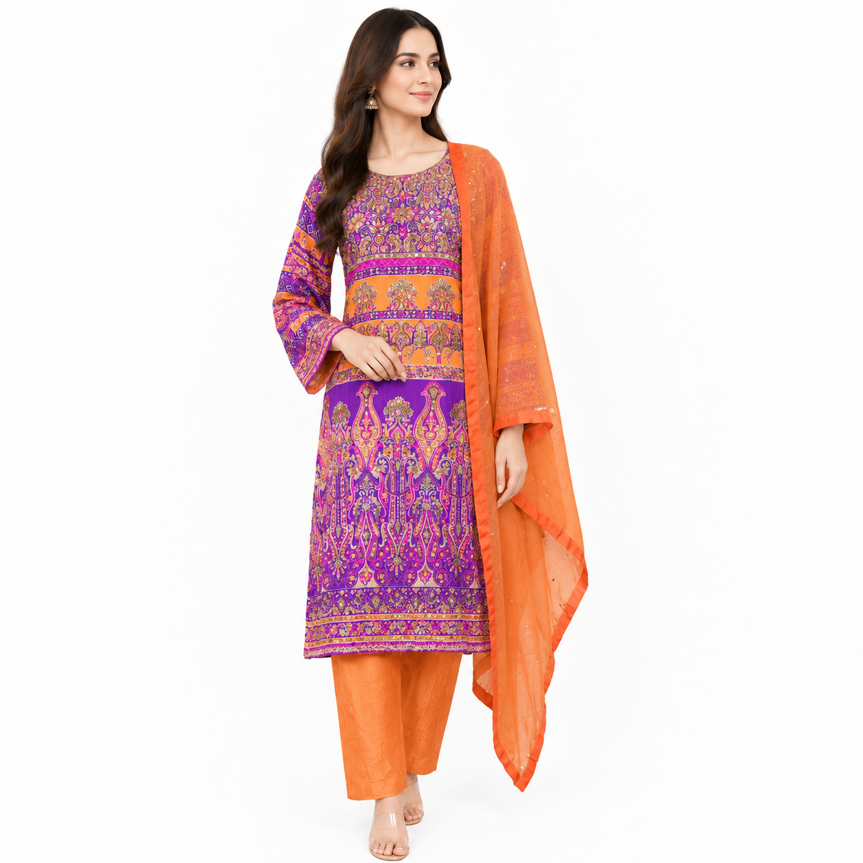 52752e4f-0bc1-4fe8-9e84-6681d2bc18e1 Purple & Orange Embellished 3-Piece Suit - Image 1